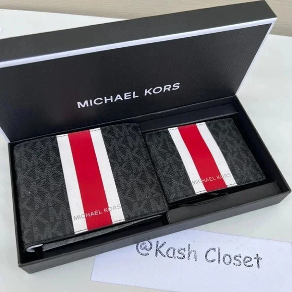 Michael kors Mens Wallet Card Case 3 in 1 Gift box set Black Red Flame - Picture 2 of 5